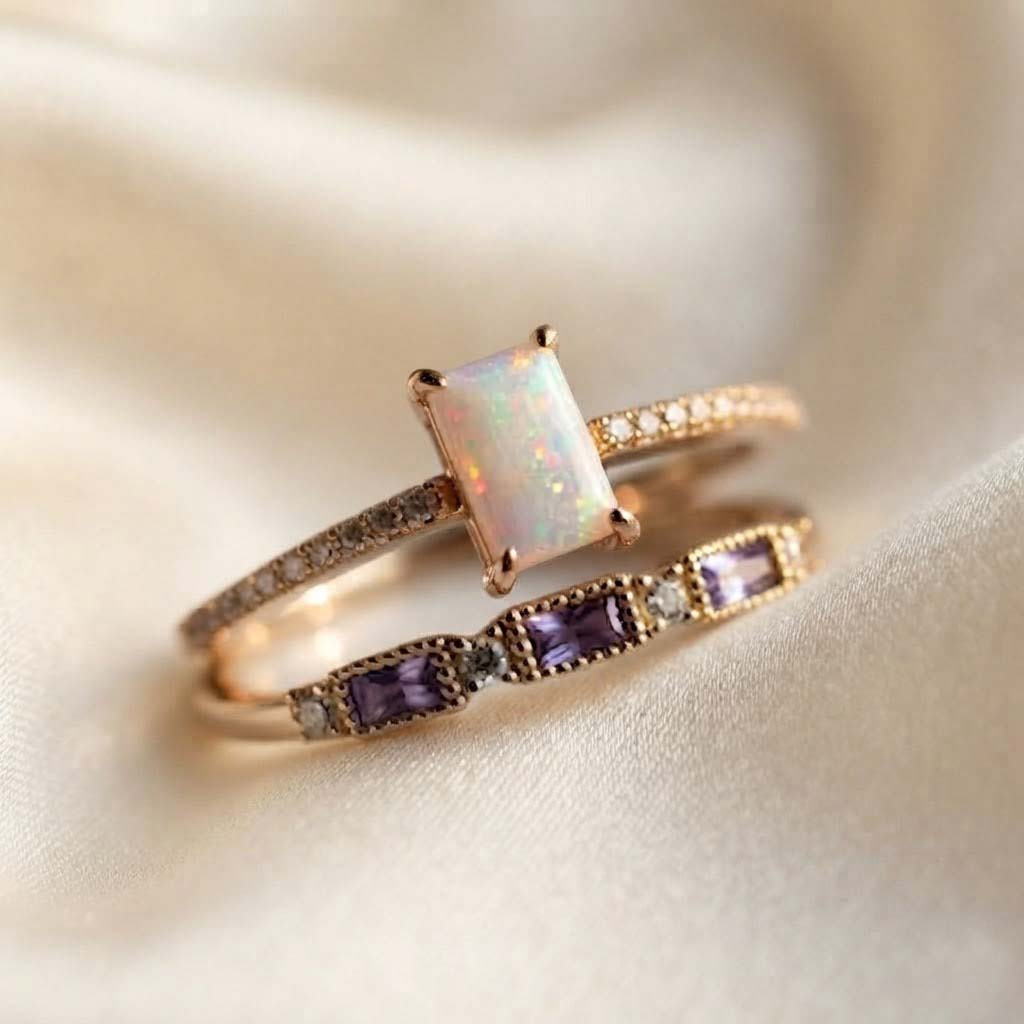 Rose Gold Opal and Amethyst Ring Set – Elegant Stacking Gemstone Rings
