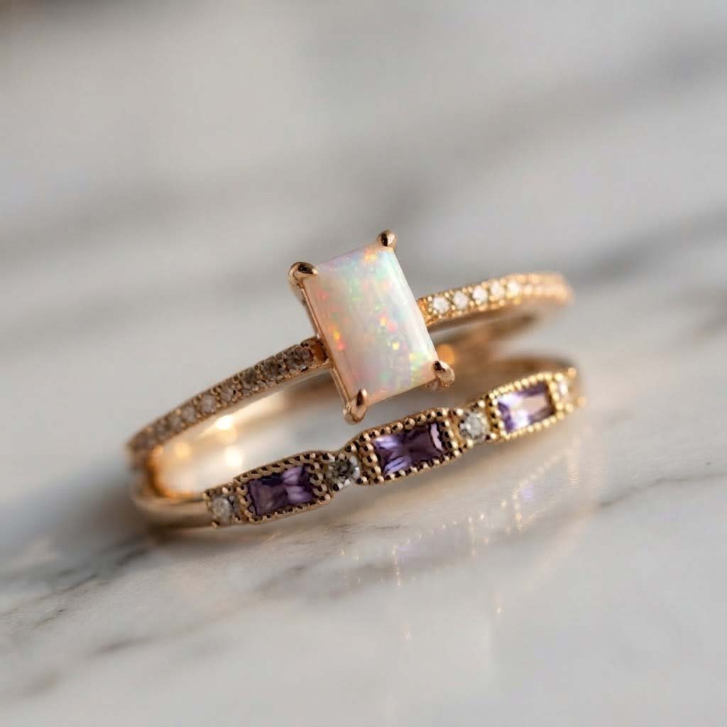Rose Gold Opal and Amethyst Ring Set – Elegant Stacking Gemstone Rings