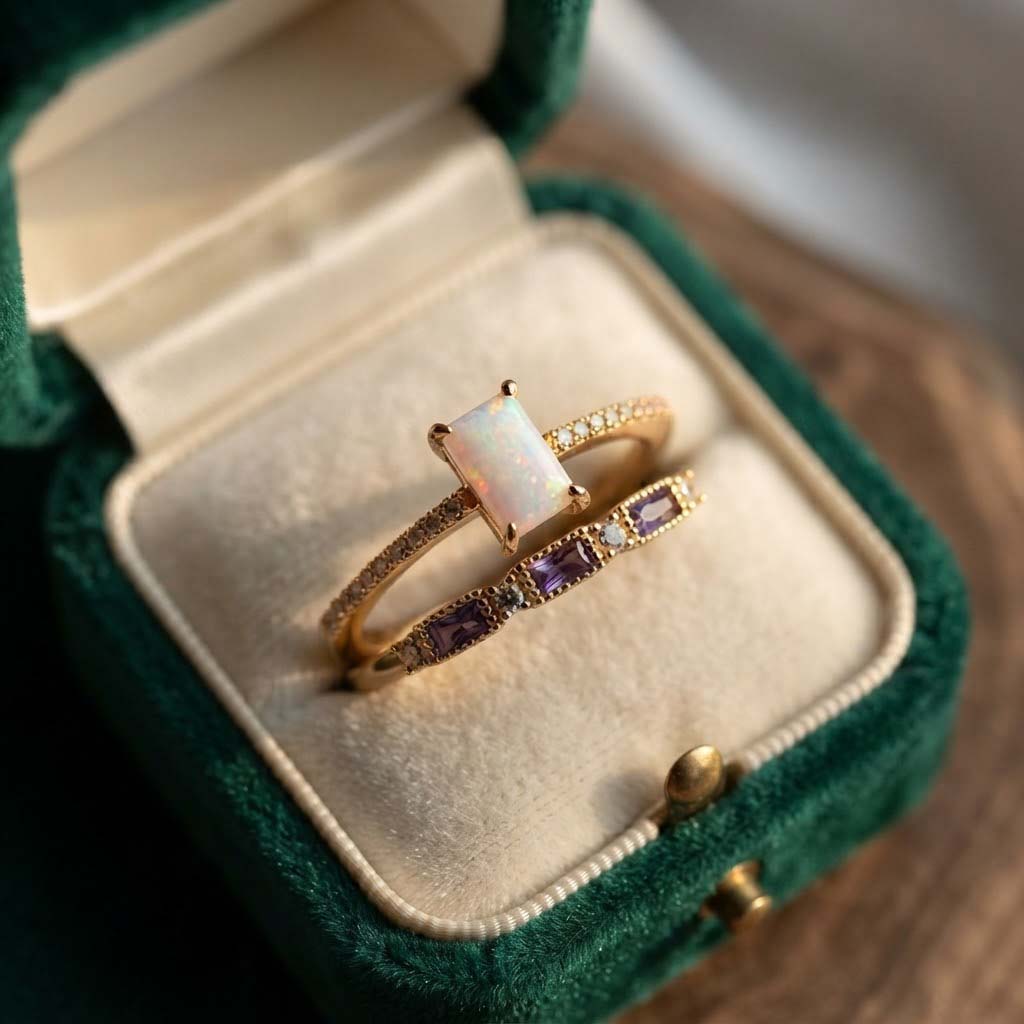 Rose Gold Opal and Amethyst Ring Set – Elegant Stacking Gemstone Rings