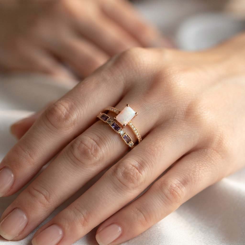 Rose Gold Opal and Amethyst Ring Set – Elegant Stacking Gemstone Rings