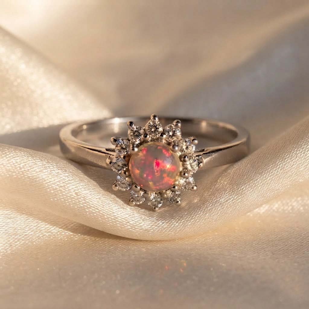 Radiant Opal Floral Halo Ring  Vintage-Inspired Opal Sunburst Ring  Pink Glow Opal Statement Ring