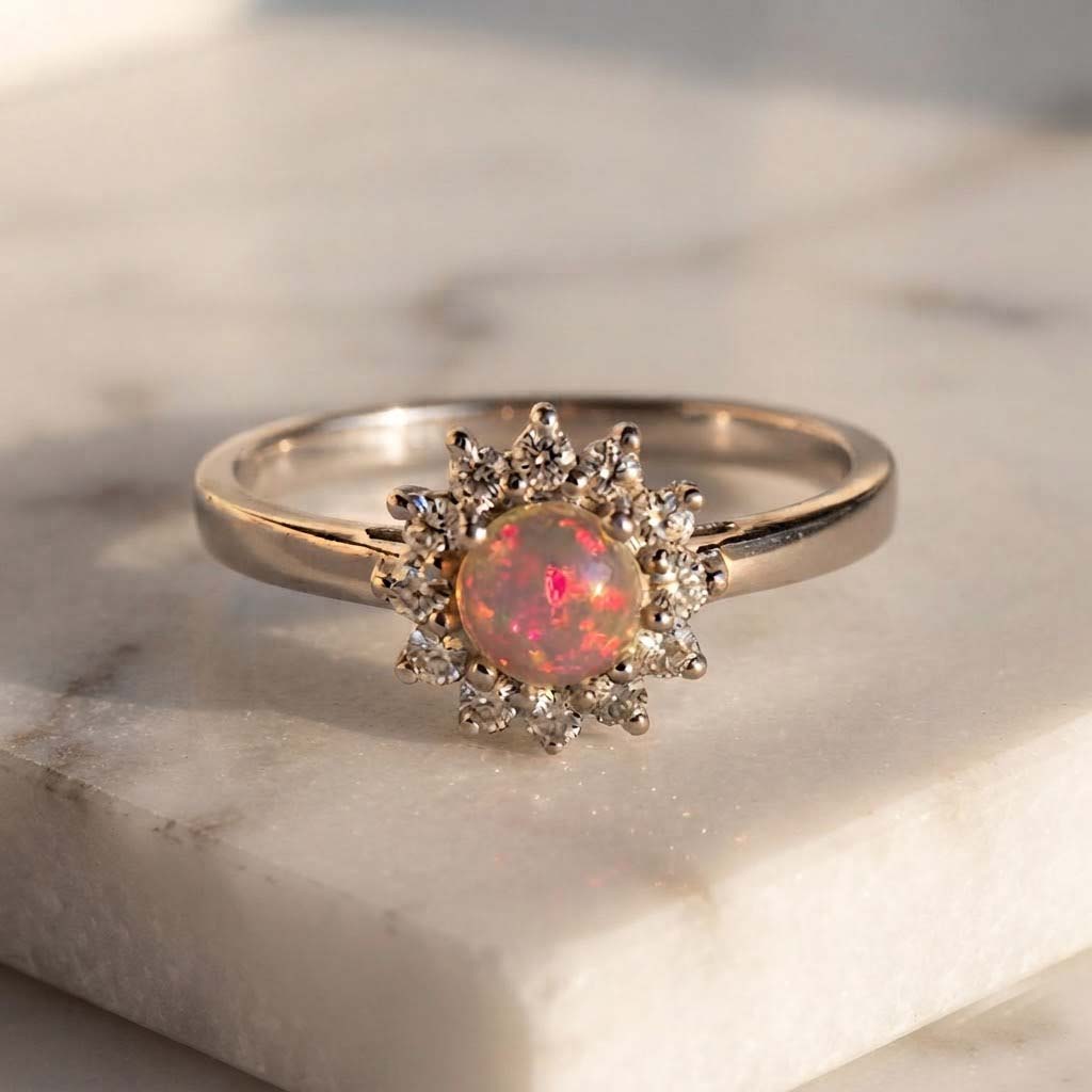 Radiant Opal Floral Halo Ring  Vintage-Inspired Opal Sunburst Ring  Pink Glow Opal Statement Ring