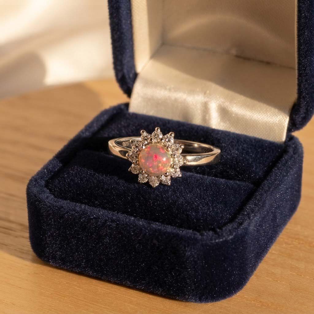 Radiant Opal Floral Halo Ring  Vintage-Inspired Opal Sunburst Ring  Pink Glow Opal Statement Ring