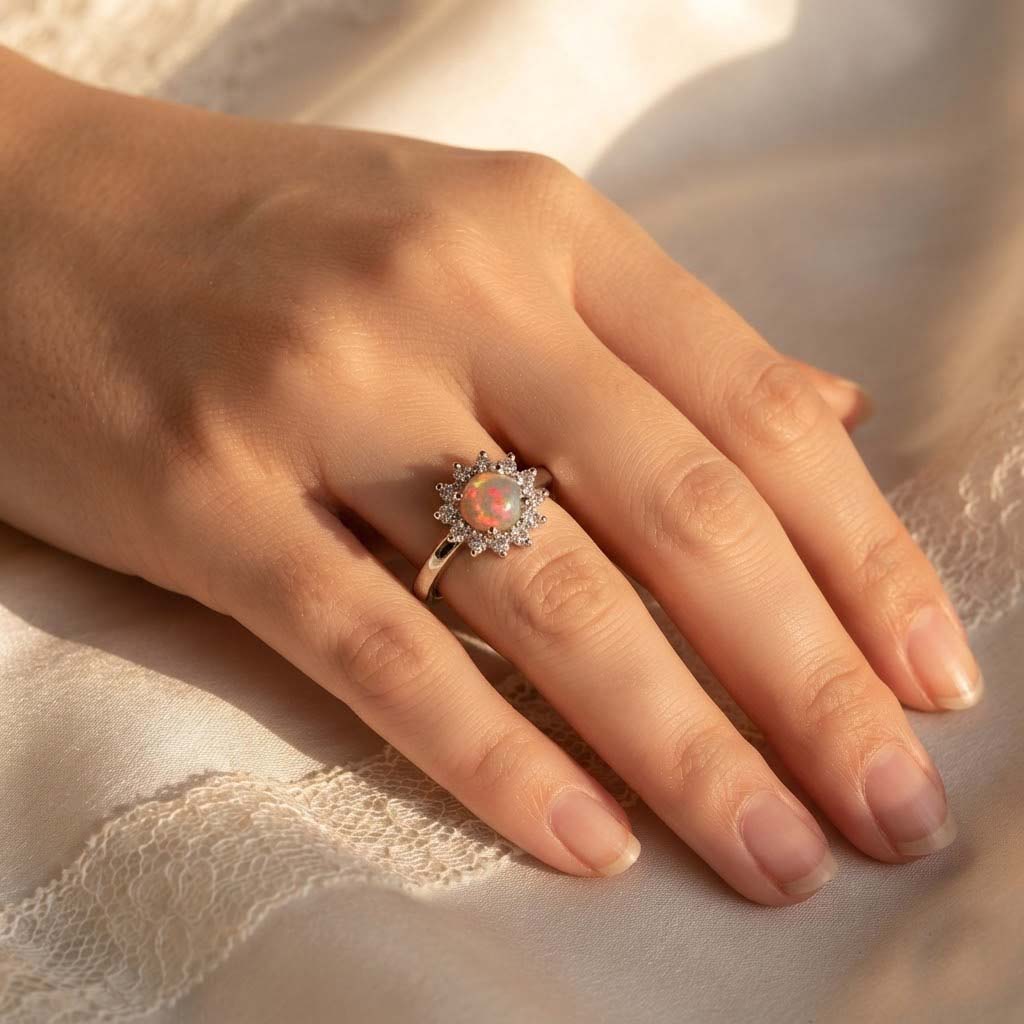 Radiant Opal Floral Halo Ring  Vintage-Inspired Opal Sunburst Ring  Pink Glow Opal Statement Ring