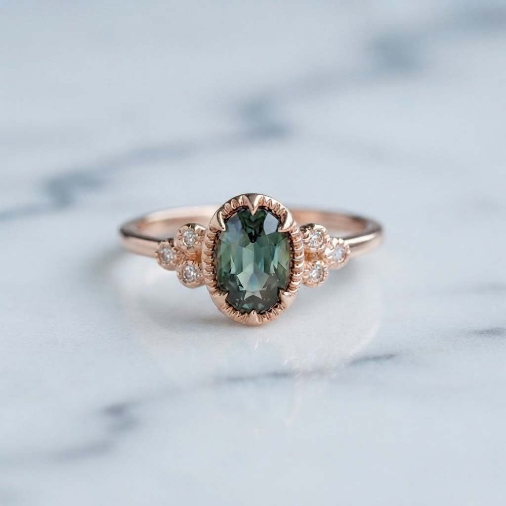 Vintage Green Gemstone Ring in Rose Gold – Elegant Oval Stone Ring