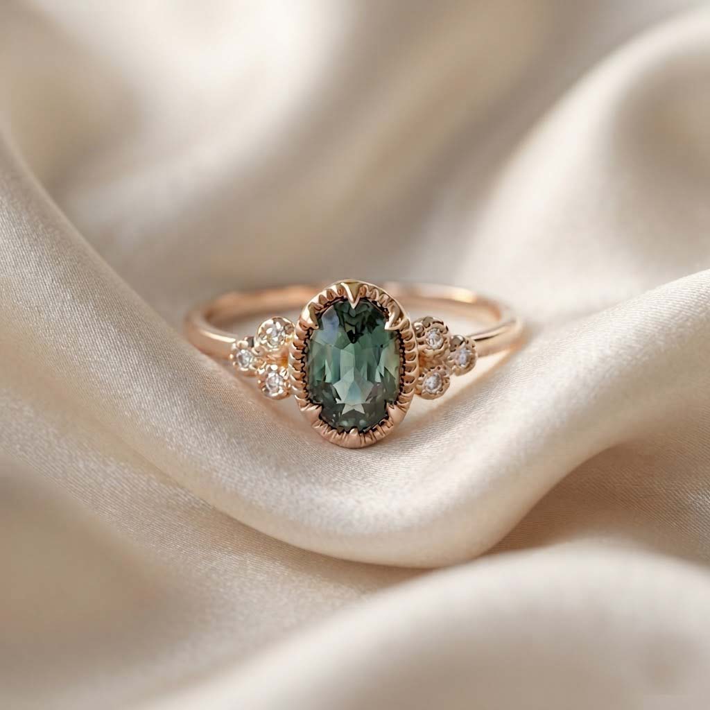 Vintage Green Gemstone Ring in Rose Gold – Elegant Oval Stone Ring