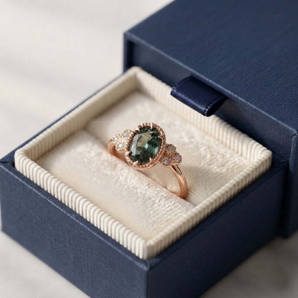 Vintage Green Gemstone Ring in Rose Gold – Elegant Oval Stone Ring