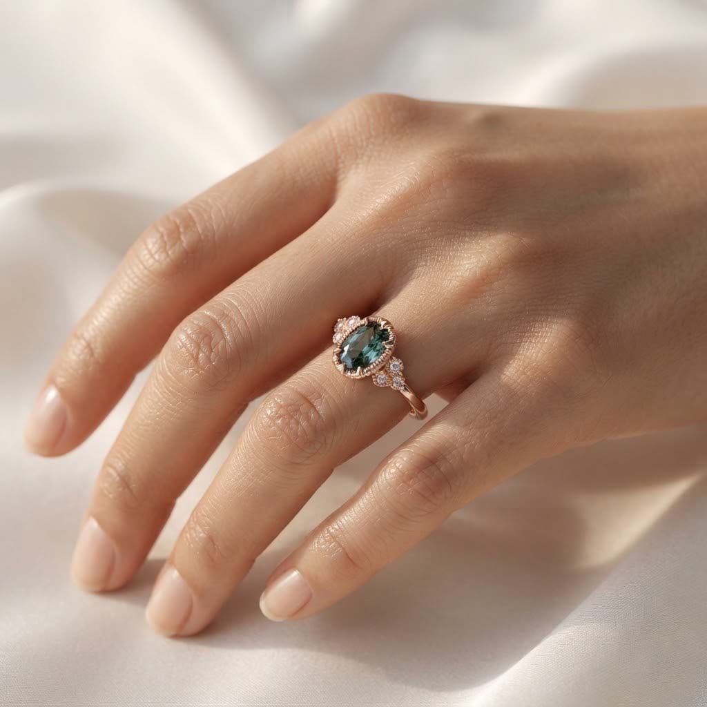Vintage Green Gemstone Ring in Rose Gold – Elegant Oval Stone Ring
