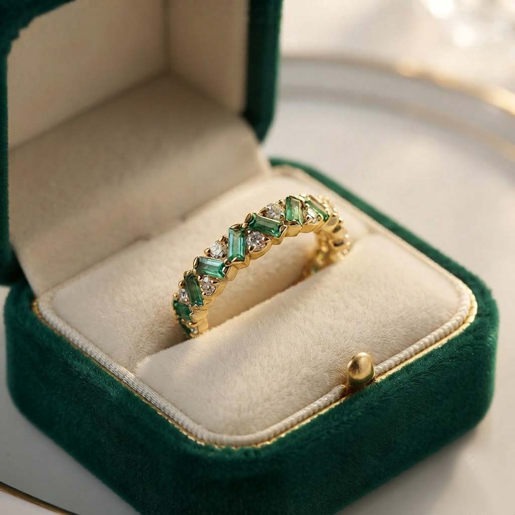 Elegant Green Gemstone Eternity Ring in Gold – Vintage-Inspired Stackable Band