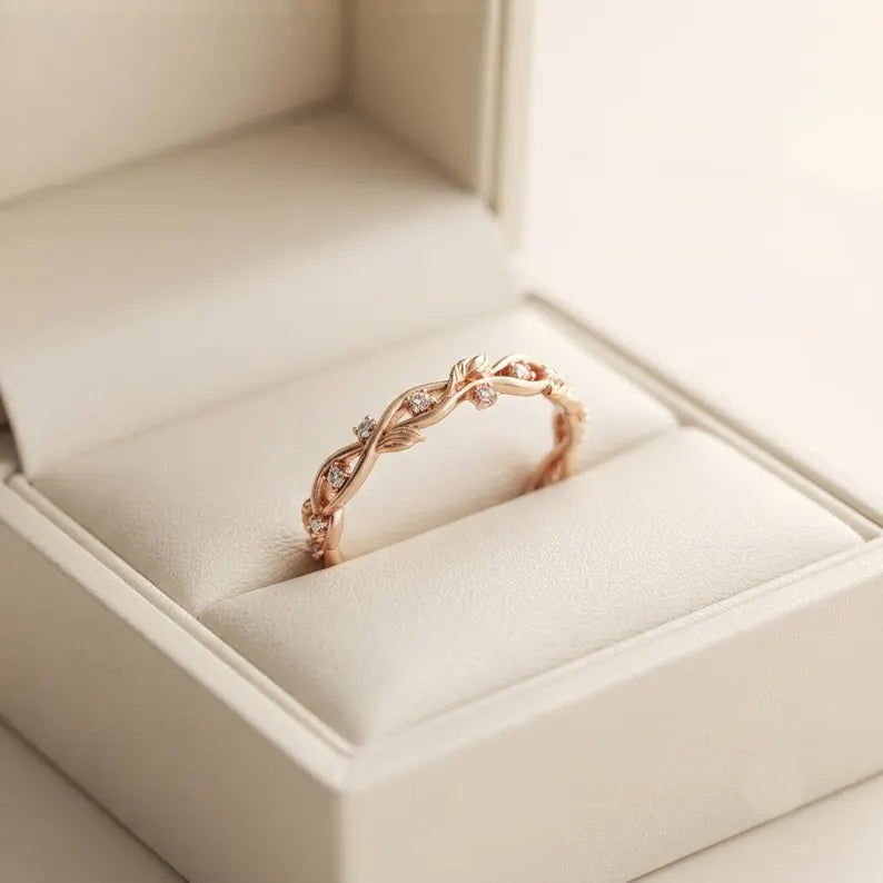 Rose Gold Floral Vine Wedding Band, Moissanite Accent Stones, Handcrafted Jewelry