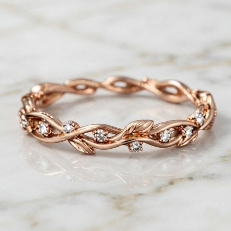 Rose Gold Floral Vine Wedding Band, Moissanite Accent Stones, Handcrafted Jewelry