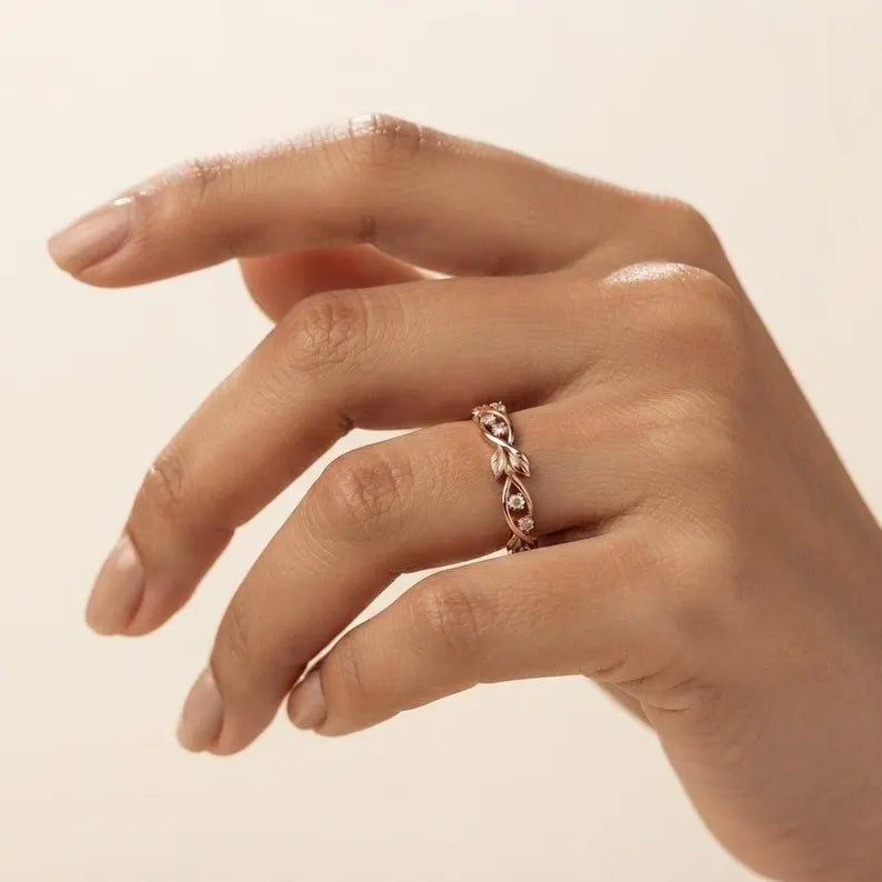 Rose Gold Floral Vine Wedding Band, Moissanite Accent Stones, Handcrafted Jewelry