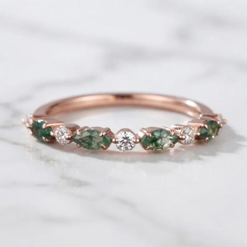 Rose Gold Moss Agate Moissanite Ring, Botanical Wedding Band, Handcrafted 14k Jewelry