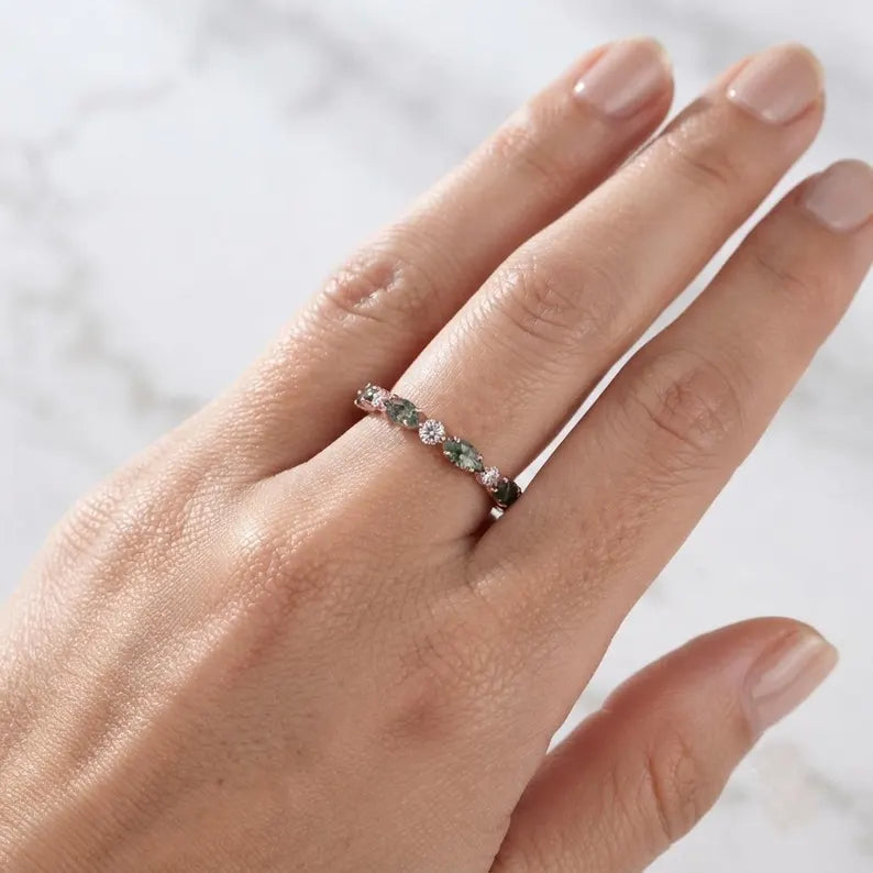Rose Gold Moss Agate Moissanite Ring, Botanical Wedding Band, Handcrafted 14k Jewelry
