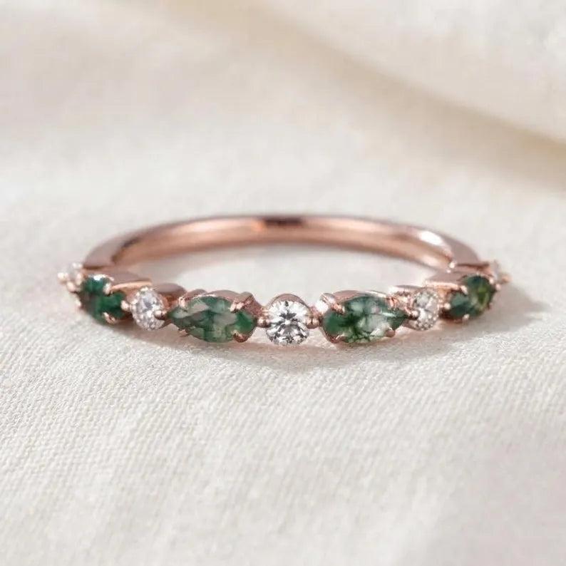 Rose Gold Moss Agate Moissanite Ring, Botanical Wedding Band, Handcrafted 14k Jewelry