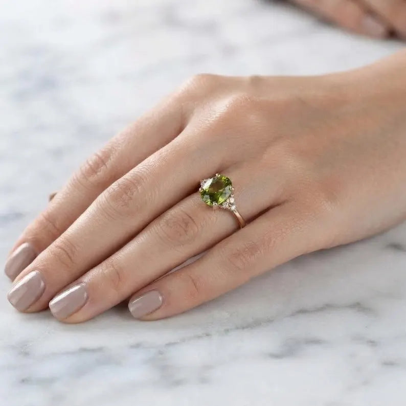 Natural Olive Green Peridot & Moissanite Ring, Yellow Gold Plated Sterling Silver Ring, Dainty Minimalist Ring, Unique Birthstone Jewelry.