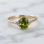 Natural Olive Green Peridot & Moissanite Ring, Yellow Gold Plated Sterling Silver Ring, Dainty Minimalist Ring, Unique Birthstone Jewelry.