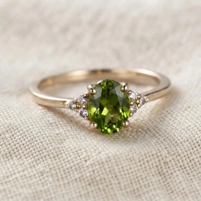 Natural Olive Green Peridot & Moissanite Ring, Yellow Gold Plated Sterling Silver Ring, Dainty Minimalist Ring, Unique Birthstone Jewelry.