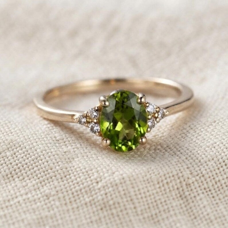 Natural Olive Green Peridot & Moissanite Ring, Yellow Gold Plated Sterling Silver Ring, Dainty Minimalist Ring, Unique Birthstone Jewelry.