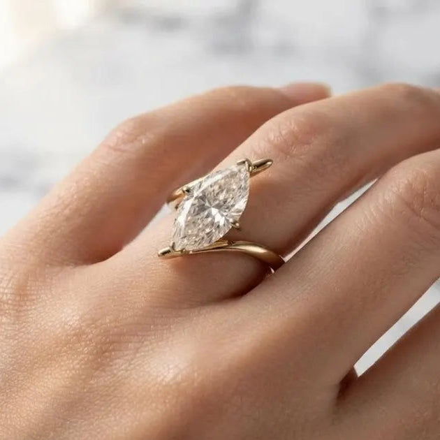 Marquise Moissanite Engagement Ring, Bypass Solitaire Ring, Unique Curved Twist Ring, Yellow Gold Plated Sterling Silver Ring, Promise Ring.