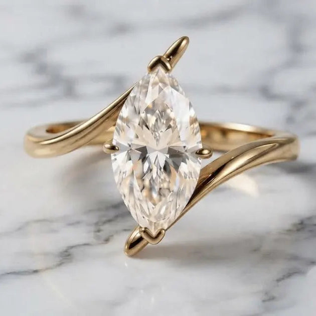 Marquise Moissanite Engagement Ring, Bypass Solitaire Ring, Unique Curved Twist Ring, Yellow Gold Plated Sterling Silver Ring, Promise Ring.