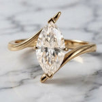 Marquise Moissanite Engagement Ring, Bypass Solitaire Ring, Unique Curved Twist Ring, Yellow Gold Plated Sterling Silver Ring, Promise Ring.
