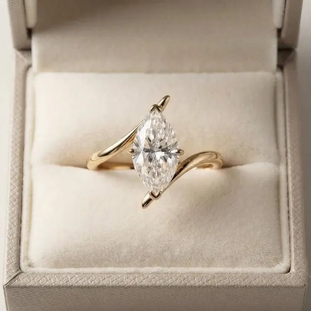 Marquise Moissanite Engagement Ring, Bypass Solitaire Ring, Unique Curved Twist Ring, Yellow Gold Plated Sterling Silver Ring, Promise Ring.