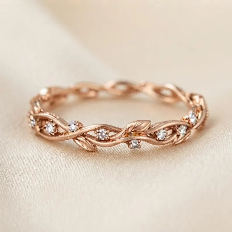 Rose Gold Floral Vine Wedding Band, Moissanite Accent Stones, Handcrafted Jewelry