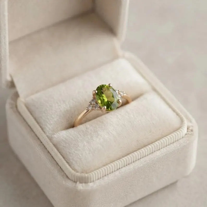 Natural Olive Green Peridot & Moissanite Ring, Yellow Gold Plated Sterling Silver Ring, Dainty Minimalist Ring, Unique Birthstone Jewelry.