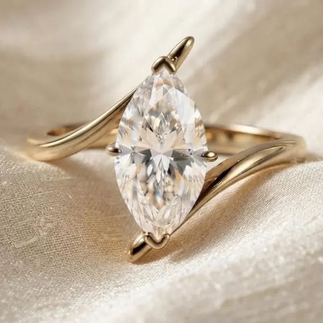 Marquise Moissanite Engagement Ring, Bypass Solitaire Ring, Unique Curved Twist Ring, Yellow Gold Plated Sterling Silver Ring, Promise Ring.