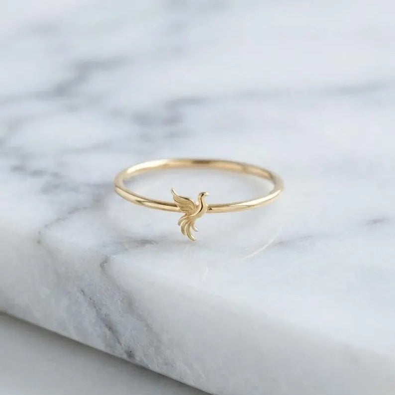 Handmade Dainty Hummingbird Ring, Tiny Bird Gold Ring, Gold Plating, Delicate Nature Inspired Band, Minimalist Stackable Jewelry.