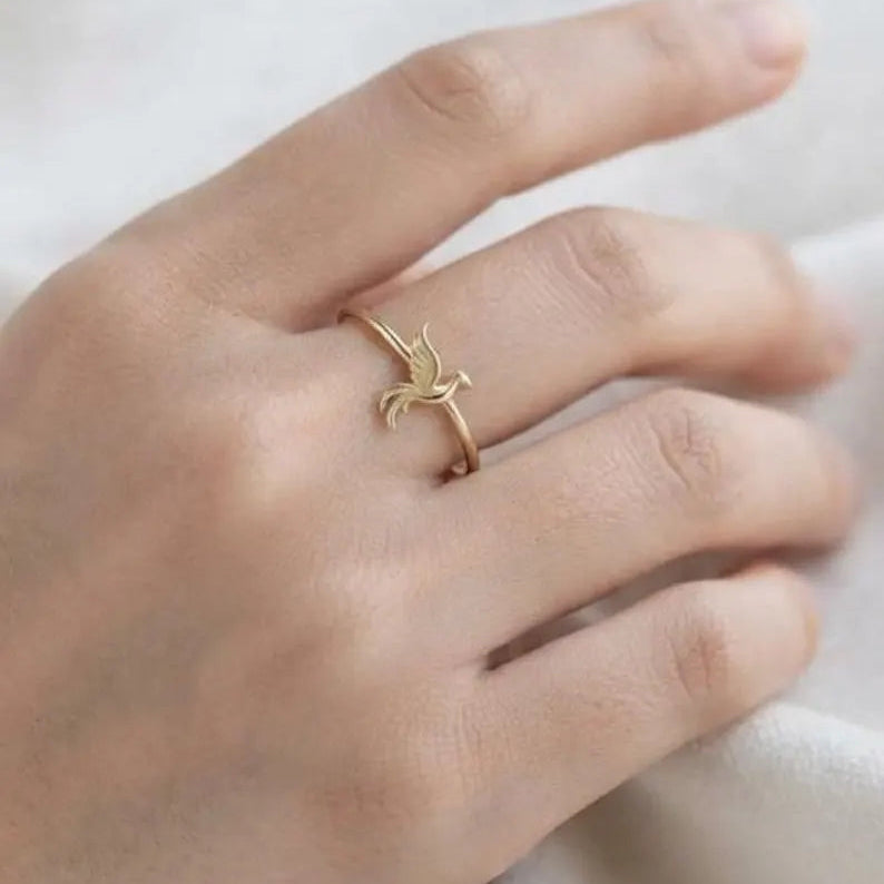 Handmade Dainty Hummingbird Ring, Tiny Bird Gold Ring, Gold Plating, Delicate Nature Inspired Band, Minimalist Stackable Jewelry.