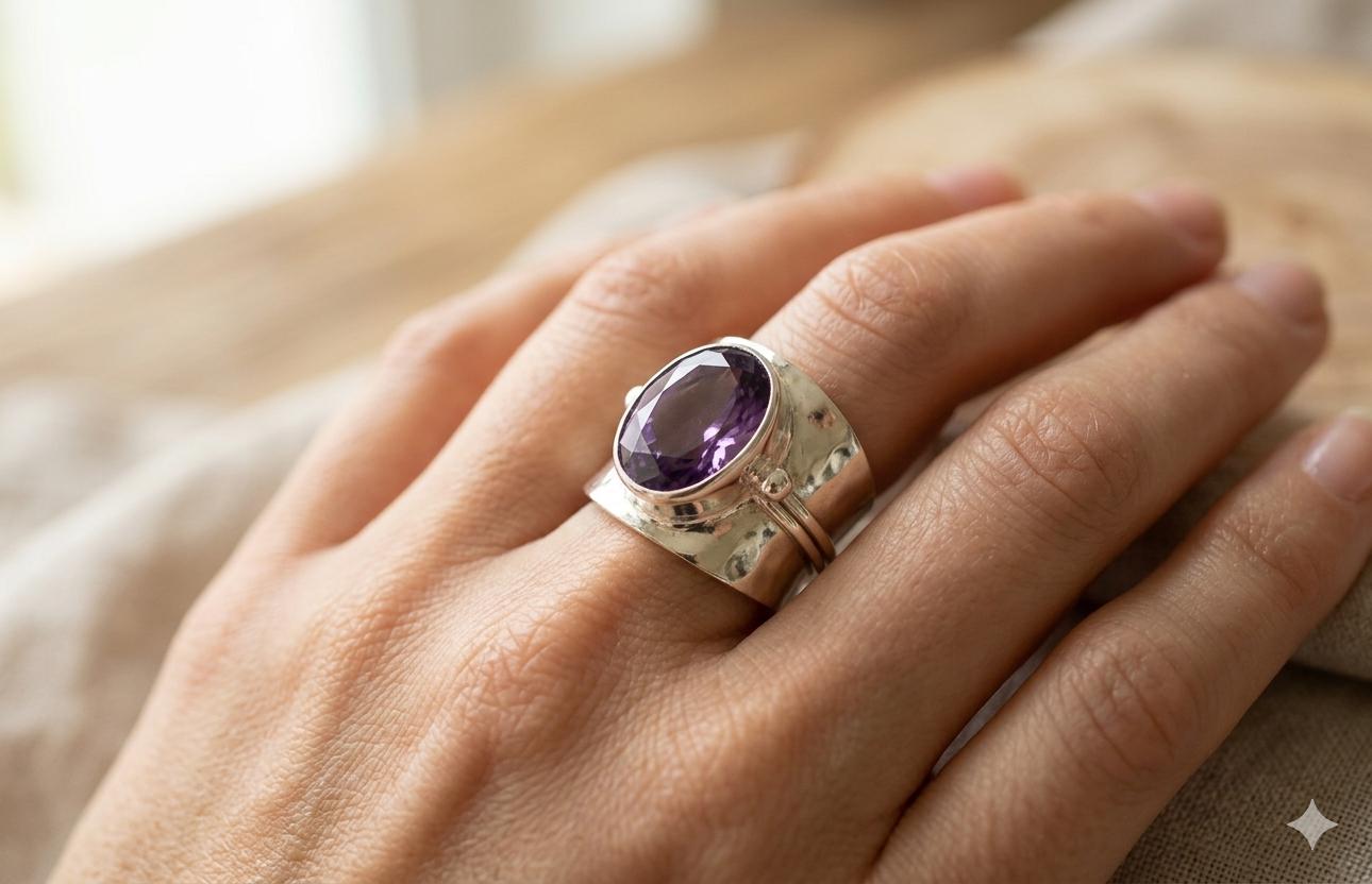Oval Amethyst Sterling Silver Hammered Band Ring, Boho Statement Jewelry