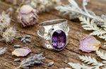 Oval Amethyst Sterling Silver Hammered Band Ring, Boho Statement Jewelry