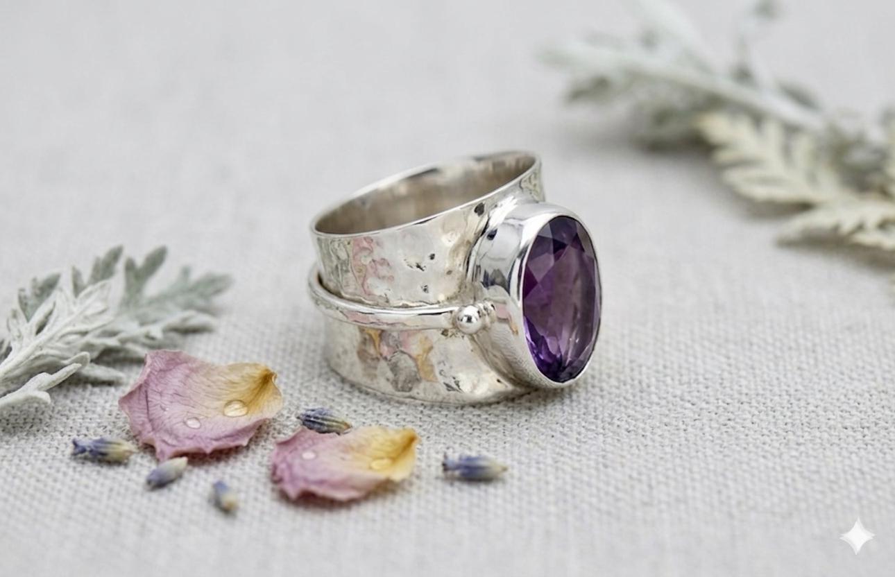 Oval Amethyst Sterling Silver Hammered Band Ring, Boho Statement Jewelry