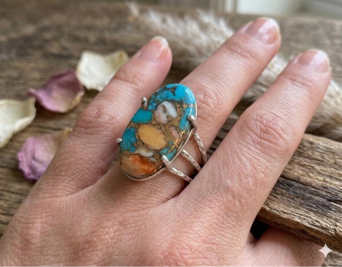 Oyster Turquoise Sterling Silver Ring, Oval Prong Setting Southwestern Statement Piece