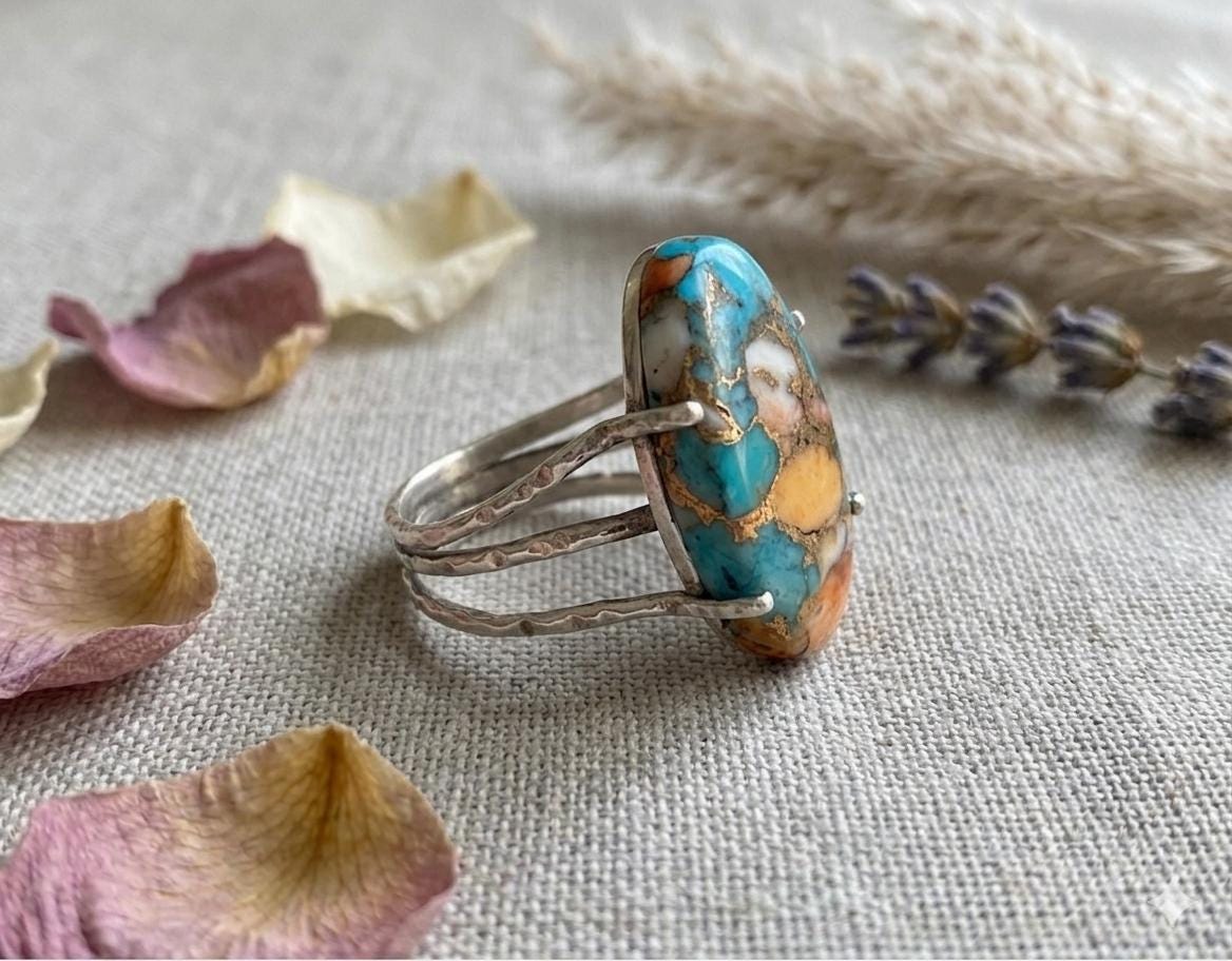 Oyster Turquoise Sterling Silver Ring, Oval Prong Setting Southwestern Statement Piece