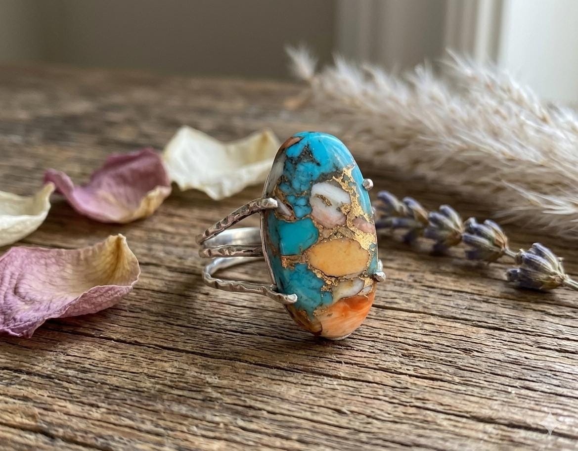 Oyster Turquoise Sterling Silver Ring, Oval Prong Setting Southwestern Statement Piece