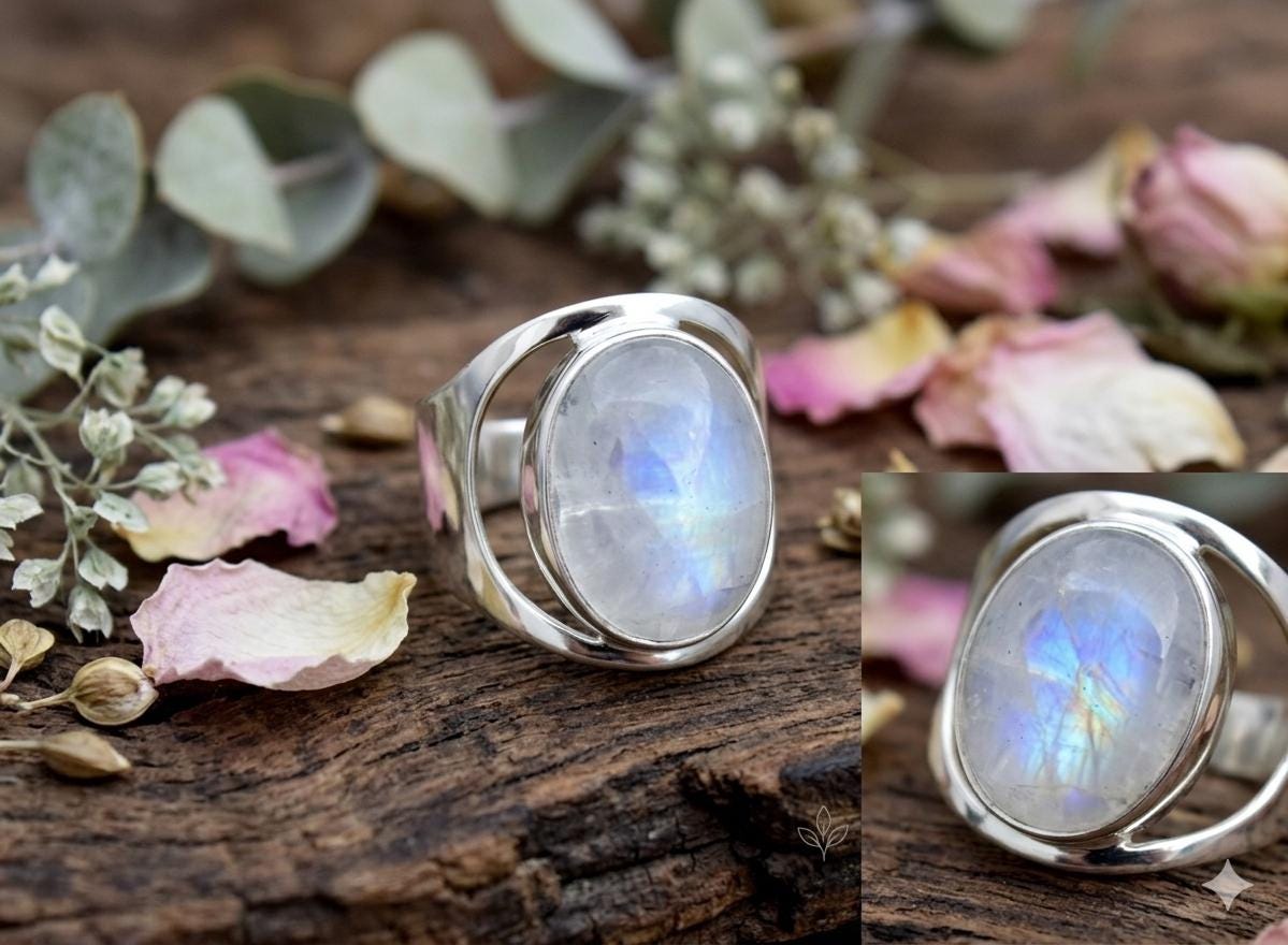 Blue Fire Moonstone Sterling Silver Ring, Oval Cut Boho Statement Band