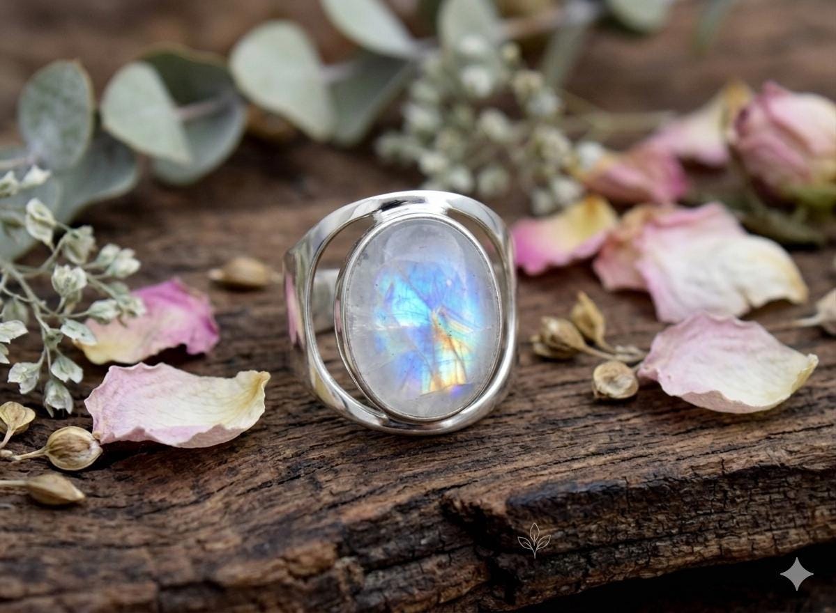 Blue Fire Moonstone Sterling Silver Ring, Oval Cut Boho Statement Band