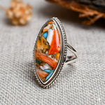 Spiny Oyster Turquoise Marquise Ring, 925 Sterling Silver Boho Statement Southwestern Jewelry