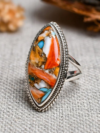 Spiny Oyster Turquoise Marquise Ring, 925 Sterling Silver Boho Statement Southwestern Jewelry