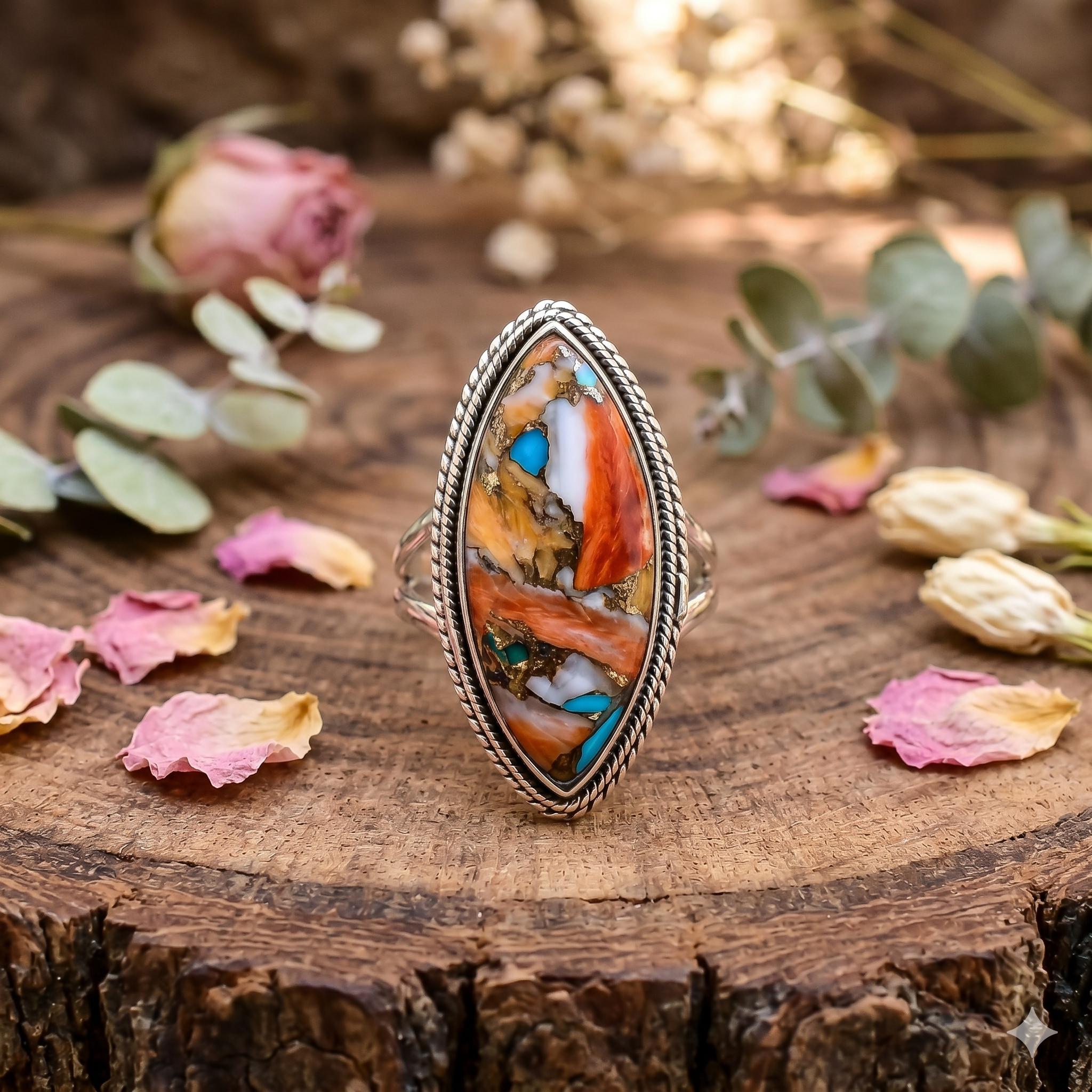 Spiny Oyster Turquoise Marquise Ring, 925 Sterling Silver Boho Statement Southwestern Jewelry