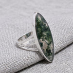 Marquise Moss Agate Sterling Silver Ring, Boho Statement Gemstone Jewelry