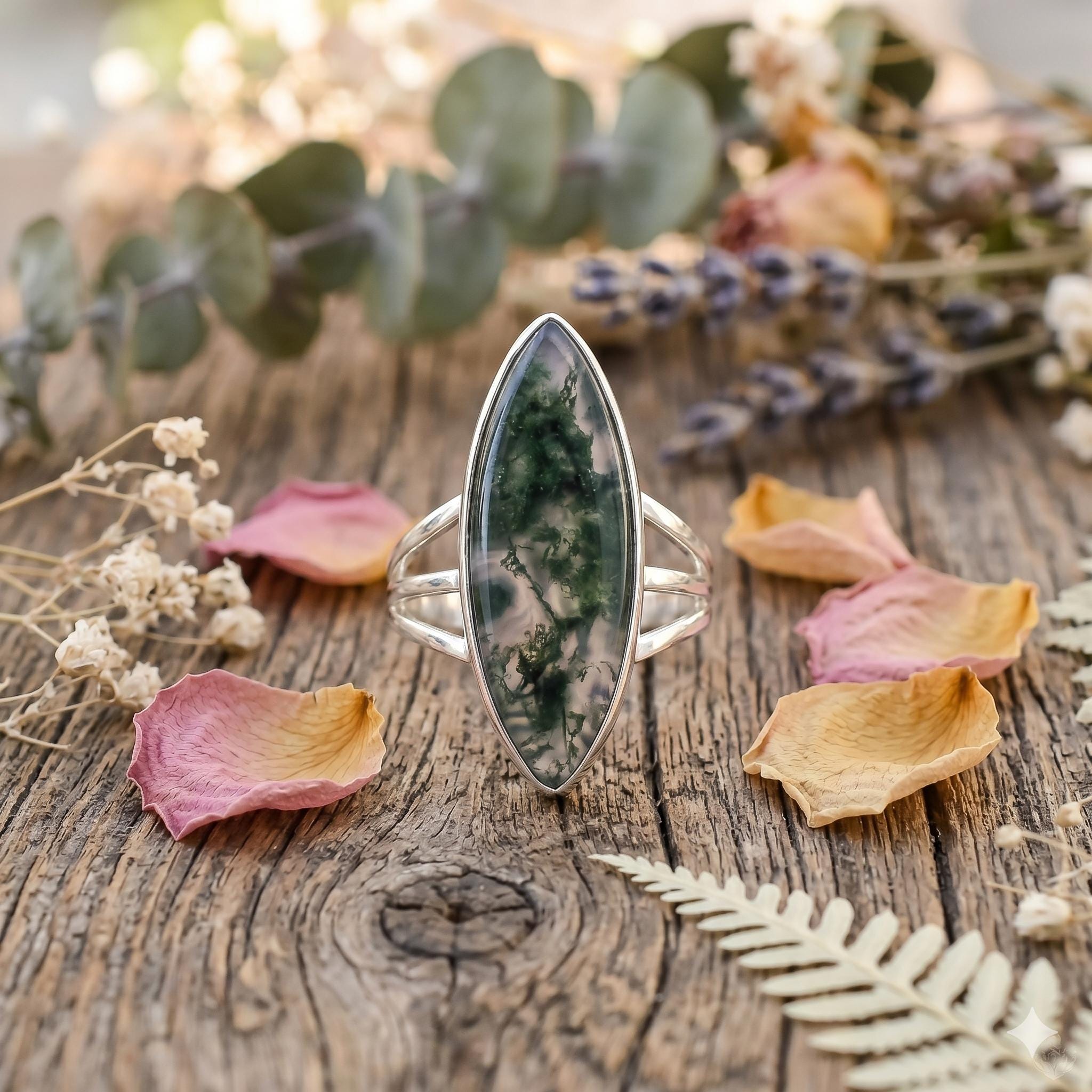Marquise Moss Agate Sterling Silver Ring, Boho Statement Gemstone Jewelry