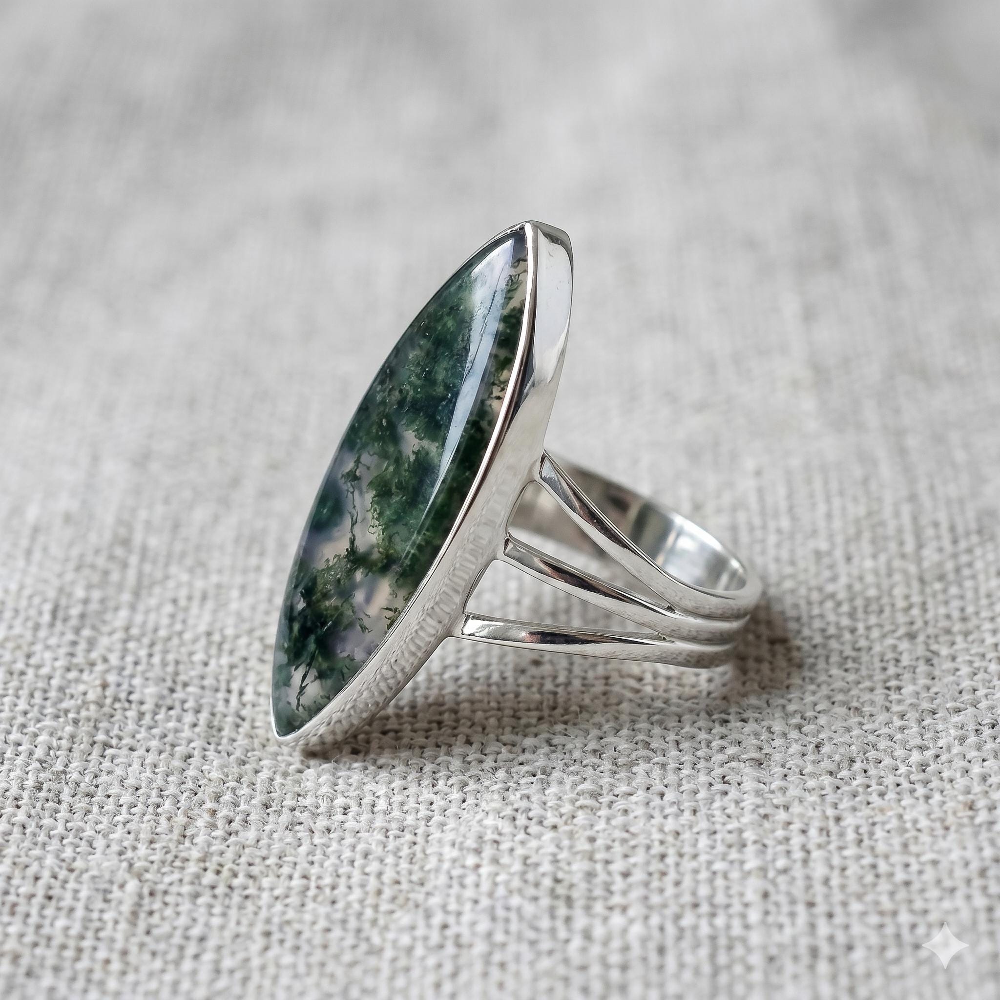 Marquise Moss Agate Sterling Silver Ring, Boho Statement Gemstone Jewelry
