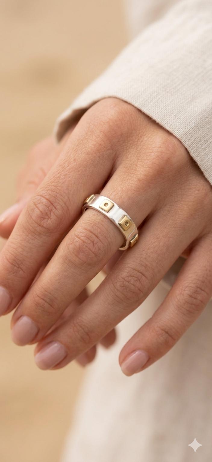 Two-Tone Sterling Silver Geometric Band Ring, Mixed Metal Square Accents, Modern Unisex Wedding Band