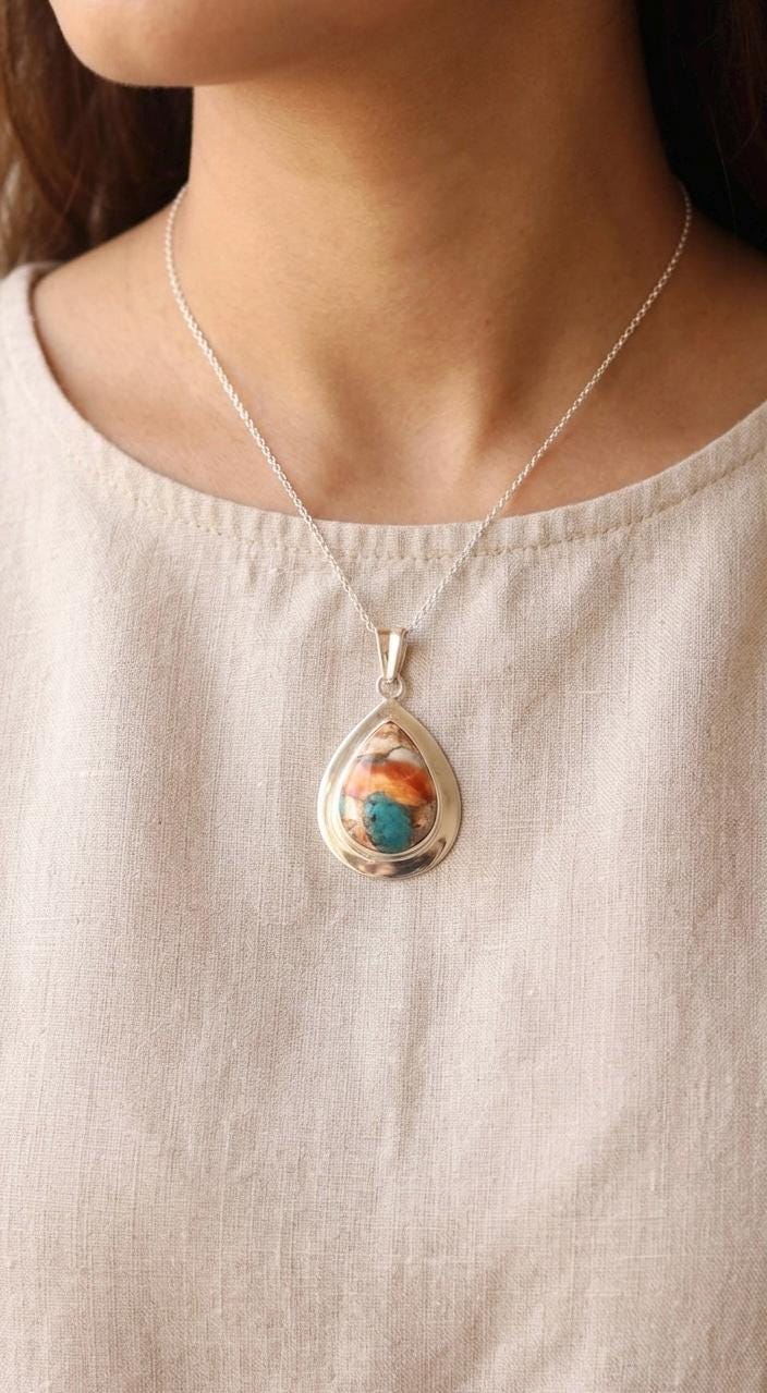 Natural Spiny Oyster Turquoise Teardrop Pendant, Sterling Silver Boho Artisan Jewelry