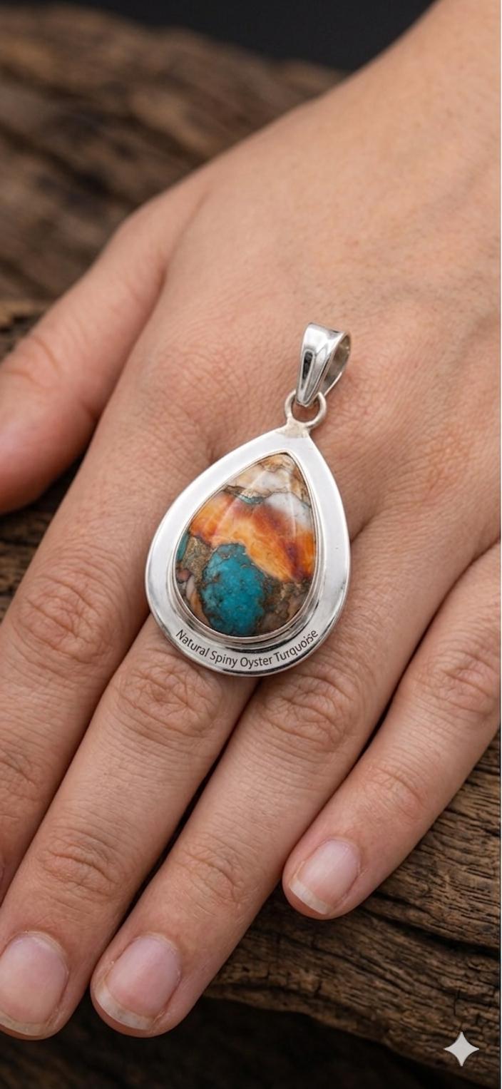 Natural Spiny Oyster Turquoise Teardrop Pendant, Sterling Silver Boho Artisan Jewelry