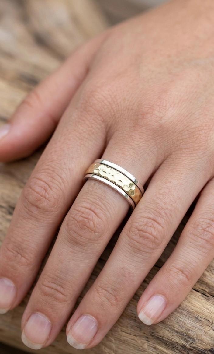 Sterling Silver Hammered Spinner Ring, Mixed Metal Meditation Band, Two-Tone Worry Ring